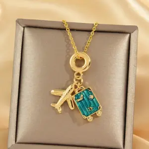 439-2 Airplane Box Necklace-Golden / Blue