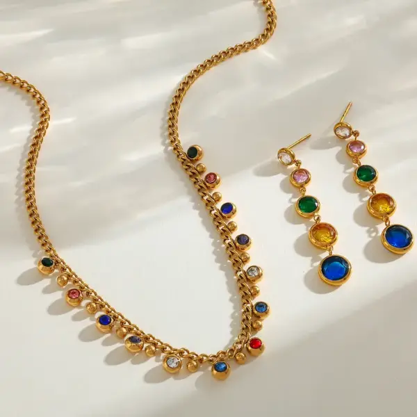 Wholesale Stainless Steel 18K Gold Plated Necklace And Earring Set With Multiple Pendants And Embedded Zirconia Stones For Women