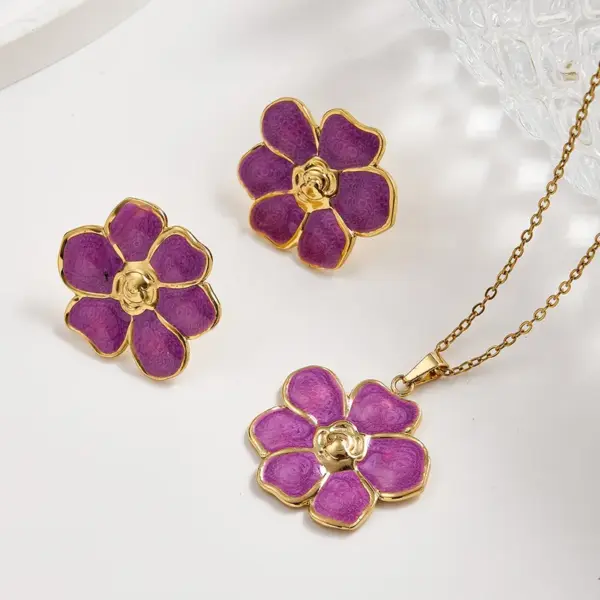Wholesale European And American Hot-Selling Fashion INS Style 304 Stainless Steel Water Plated Imitation Gold Colorful Oil Drop Flower Earrings Necklace Jewelry Set