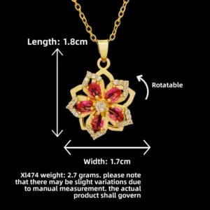 XL474 Rotating Red Five-Petal Flower Necklace / Gold