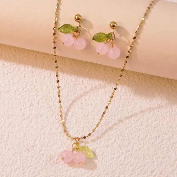 Wholesale 304 Stainless Steel Plastic Cherry Fruit Ion Plating (IP) 18K Gold Plated Cute Sweet Waterproof Non Tarnish Plating O-shaped Chain Box Chain Gold Earrings Necklace Jewelry Set