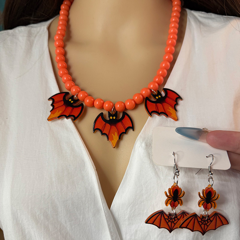 Wholesale European and American Creative Earrings Solid Color Bat Ghost Beaded Acrylic Necklace Personalized Jewelry Set for Women