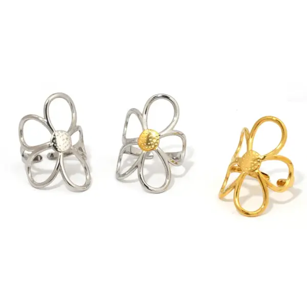Ion Plating (IP) Real Gold Plated 18K Gold Flower 304 Stainless Steel Retro Waterproof Non Tarnish Open Rings