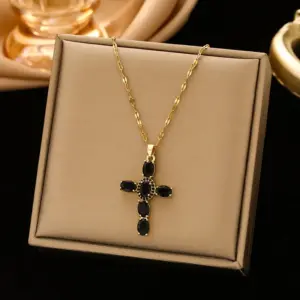246 Black Zirconium Cross Necklace-Gold / Black