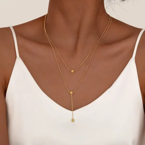 Wholesale PVD Coated Real Gold Plated 18K Gold Solid Color 201 Stainless Steel Elegant Streetwear IG Style Waterproof Non Tarnish 201 Stainless Steel Double Layer Necklaces