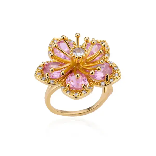 Wholesale Copper Flower PVD Coated Zircon Real Gold Plated Vintage Style Waterproof Non Tarnish Inlay Open Rings