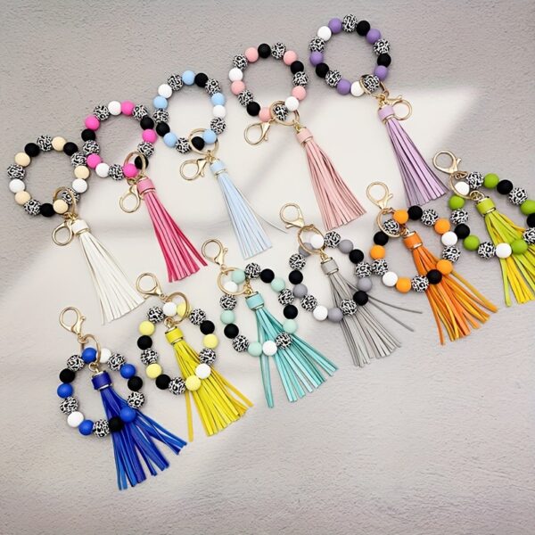 Wholesale Leopard Print White Base Wood Beads Wristlet Keychain