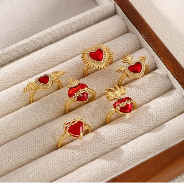 Wholesale Heart Shape Open Ring For Women In Copper With Electroplated Gold Plating And Enamel Craft Featuring Zircon Inlay