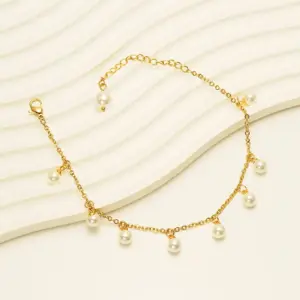 Wholesale 1 Piece Casual Vacation Round 304 Stainless Steel Plating Artificial Pearls PVD Coated PVD Coated 18K Gold Plated Women'S Anklet