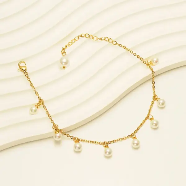 Wholesale 1 Piece Casual Vacation Round 304 Stainless Steel Plating Artificial Pearls PVD Coated PVD Coated 18K Gold Plated Women'S Anklet