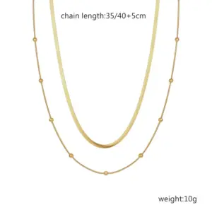 Double Layer Blade Chain plus Bead Necklace Gold / 18K