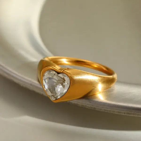 Wholesale Luxurious Open Heart Ring Set With Zirconia Stones Stainless Steel 18K Gold Plated Elegant Casual Fashion Jewelry For Women