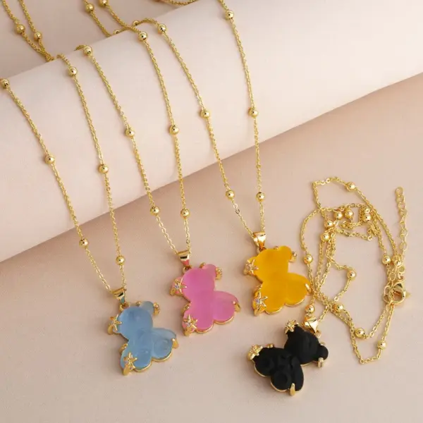 Wholesale Copper Gold Plated Cute Simple Style Bear Inlay Resin Zircon Pendant Necklace