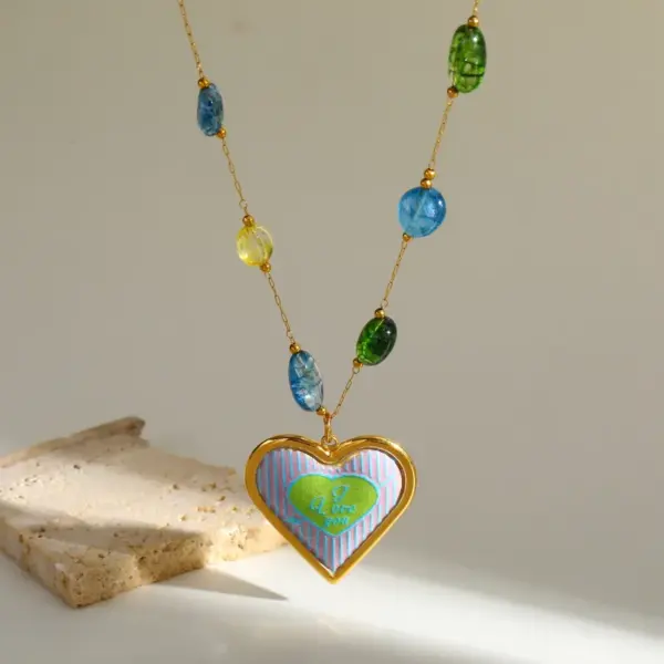 Wholesale Fresh Sweet 18K Gold Plated Stainless Steel Heart Shaped Pendant Beaded Necklace Jewelry For Women Classic Cute Queen Style