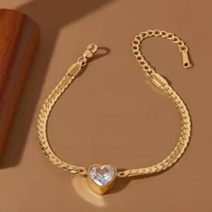S02138-White Diamond Heart Shape-Bracelet- Gold