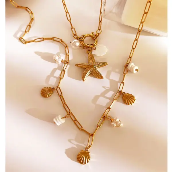 Wholesale 304 Stainless Steel Starfish Shell PVD Coated Imitation Pearl Natural Stone Natural Shell Real Gold Plated Nordic Style Beach Commute Waterproof Non Tarnish Irregular Surgical Steel Paperclip Chain Lobster Trigger Clasp Closure Gold Pendant Necklace