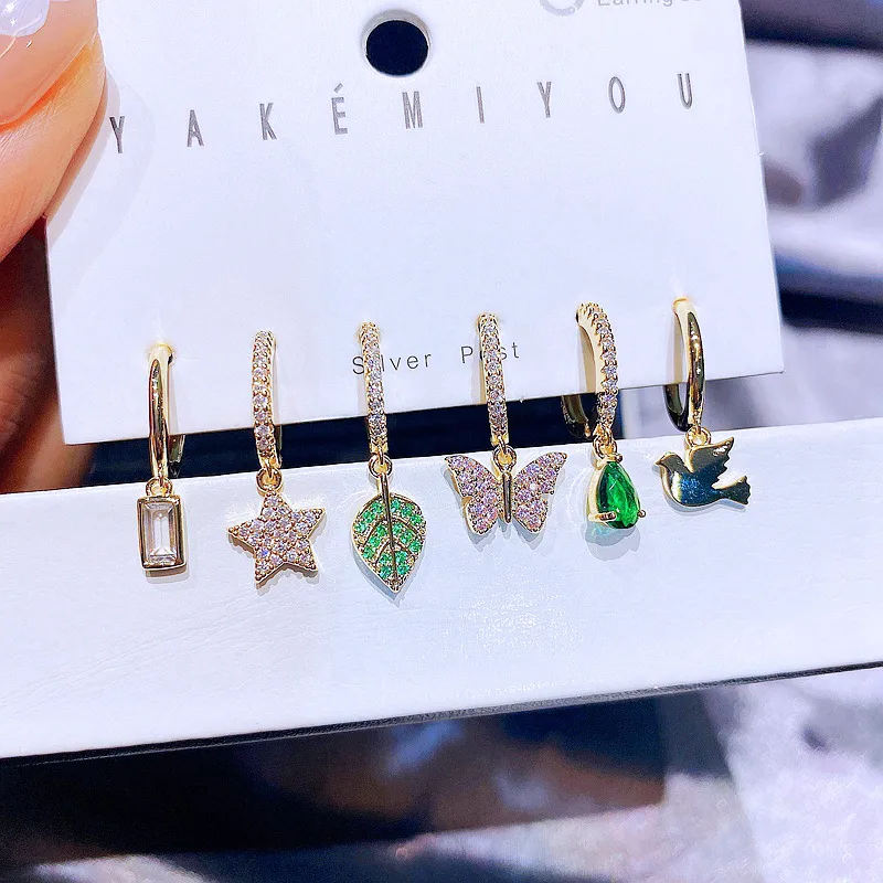Wholesale Copper 14K Gold Plated Cute Commute Inlay Pentagram Butterfly Bird Zircon op Earrings