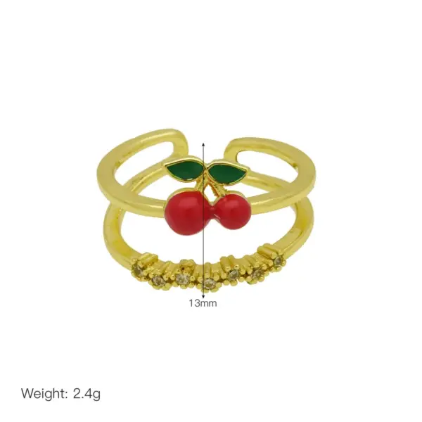 Wholesale Jewelry Cute Lady Cherry Copper 18K Gold Plated Enamel Open Rings