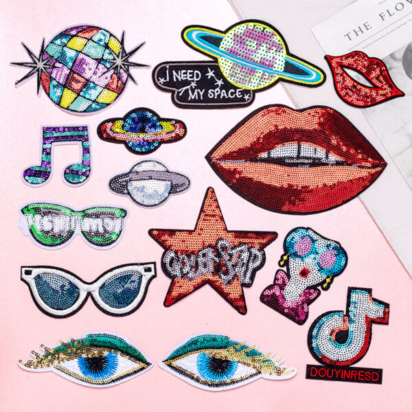 Wholesale Sequined sun red lip embroidered logo fashion disco music sunglasses lip embroidered cloth stickers bag clothing decorative stickers