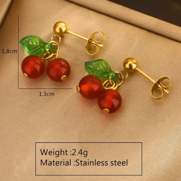 Wholesale 304 Stainless Steel Plastic Cherry Fruit Ion Plating (IP) 18K Gold Plated Cute Sweet Waterproof Non Tarnish Plating O-shaped Chain Box Chain Gold Earrings Necklace Jewelry Set