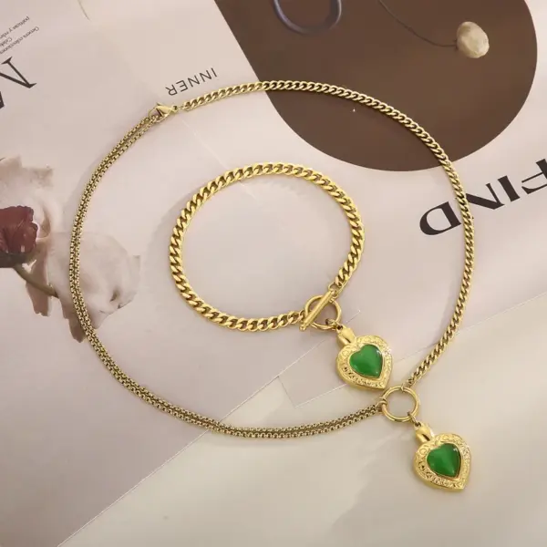 Wholesale Fashion Heart Shape Stainless Steel Inlay Opal Bracelets Necklace