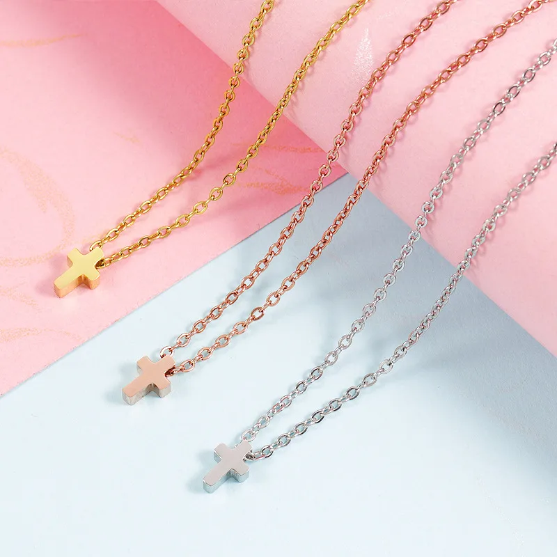 Wholesale 304 Stainless Steel Cross PVD Coated 18K Real Gold Plated Basic Classic Style Waterproof Non Tarnish Plating Rose Gold Gold Sier Pendant Nec
