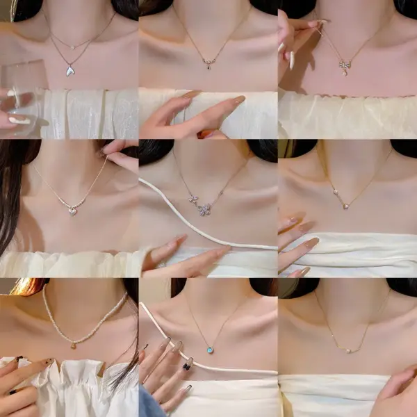 Wholesale Modern Style Geometric Heart Shape Bow Knot Titanium Steel Copper Plating Inlay Zircon Pendant Necklace