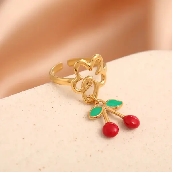 Ion Plating (IP) 18K Gold Plated Cherry 304 Stainless Steel Elegant Cute Luxurious Waterproof Non Tarnish Open Rings