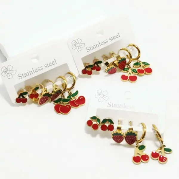Wholesale 304 Stainless Steel Cherry Strawberry Electroplating Golden Plated Casual Cute Waterproof Non Tarnish Gold Ear Studs