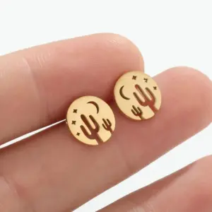 Wholesale PVD Coated Real Gold Plated Cactus Star Moon Stainless Steel Simple Style Waterproof Non Tarnish Ear Studs