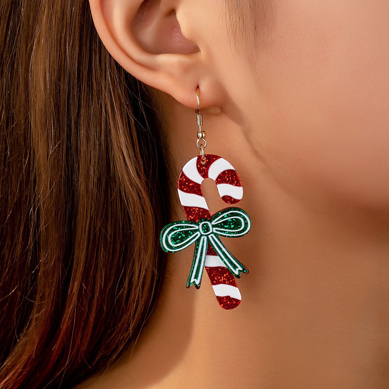 Wholesale Christmas Earrings Crutch Bow Printed Earrings