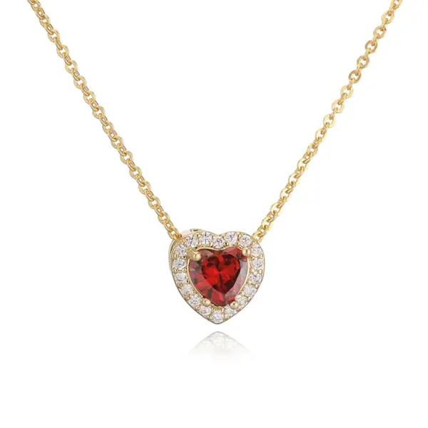 Wholesale Jewelry Elegant Luxurious Shiny Red Heart Copper Birthstone 18K Gold Plated Plating Inlay Cable Chain Pendant Necklace Necklace