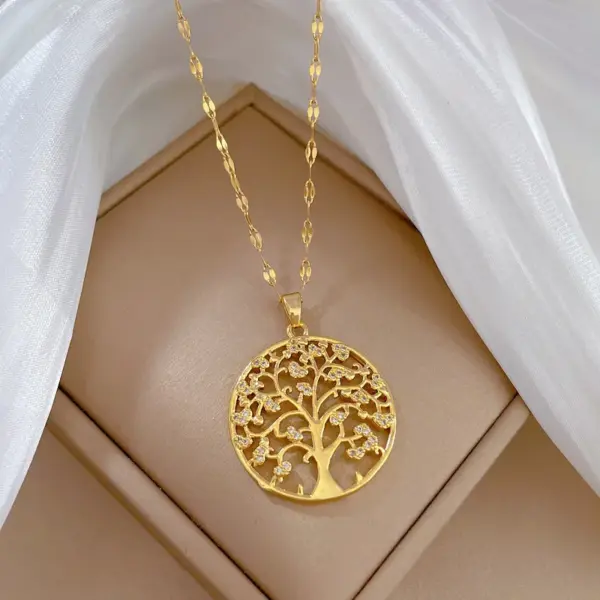 Wholesale Fashion Round Tree Titanium Steel Copper Zircon Pendant Necklace In Bulk