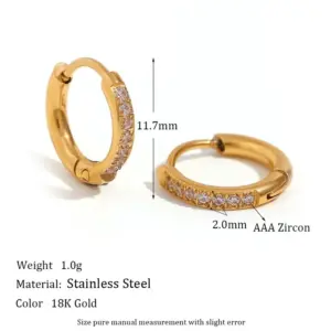 Rounded Edge Zircon Earrings-Gold-12mm