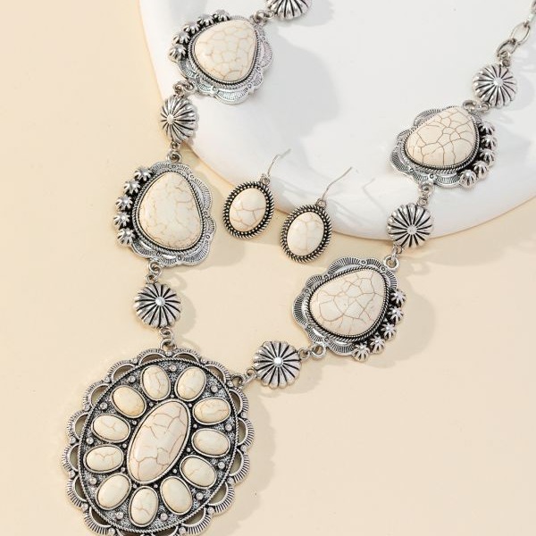 Wholesale Cross-Border Retro Left and Right Special-Shaped Necklace Turquoise Earrings Western Style Exaggerated Turquoise Necklace Earrings Jewelry Set