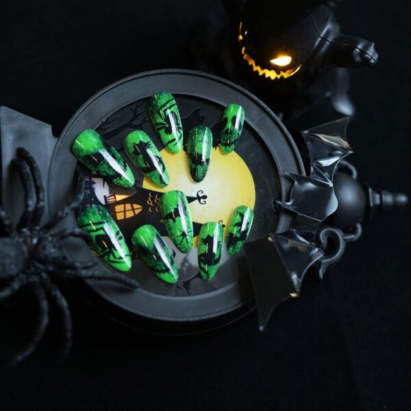 oly-448419f323c52a67364f35f8417647c0 Wholesale Halloween fluorescent green devil almond false nails wear nail tips