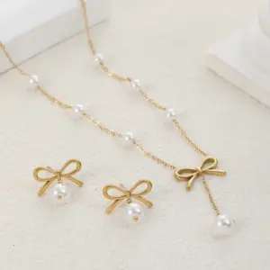 oly-448da5d267bd8049a4e3a29e01a1158e Wholesale Jewelry Simple Style Classic Style Bow Knot 304 Stainless Steel Artificial Pearls 18K Gold Plated Jewelry Set