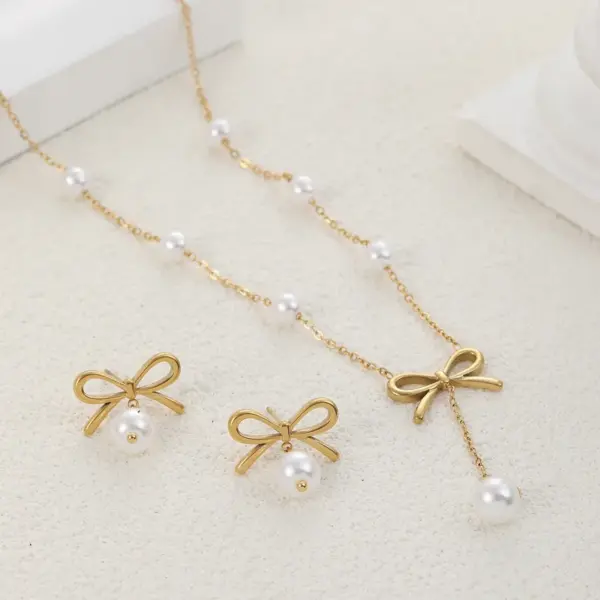 Wholesale Jewelry Simple Style Classic Style Bow Knot 304 Stainless Steel Artificial Pearls 18K Gold Plated Jewelry Set