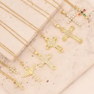 Wholesale New Copper Micro-set Zircon Cross Necklace Hip-hop 18k Gold Pendant Virgin Necklace