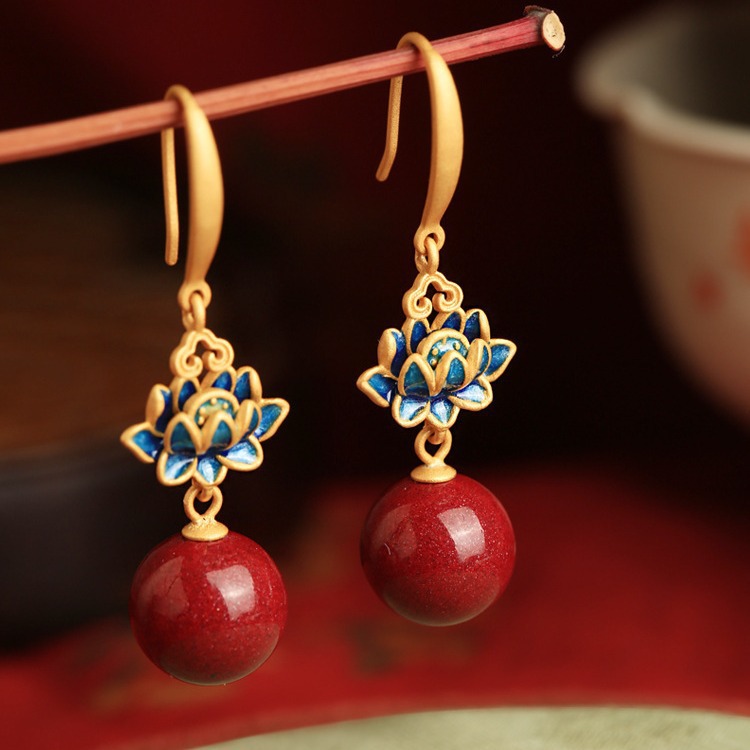 Wholesale New Arrival Cinnabar Lotus Earrings Women's Red New Chinese Style Vintage Burned Blue Enamel Purple Gold Beads Earrings Earrings