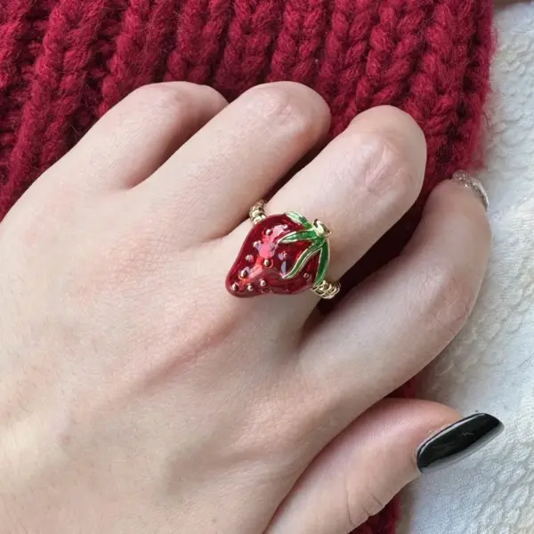 Wholesale Jewelry Cute Vintage Style Cherry Strawberry Brass Zircon 18K Gold Plated Open Rings