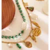 Wholesale 304 Stainless Steel Geometric PVD Coated Imitation Pearl Natural Stone Rhinestones Real Gold Plated IG Style Elegant Retro Waterproof Non Tarnish Surgical Steel Cross Chain Handmade String Beads Chain Lobster Trigger Clasp Closure Green Gold Multi Charms Necklace