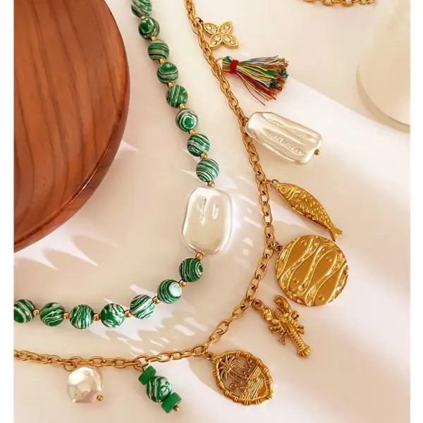 Wholesale 304 Stainless Steel Geometric PVD Coated Imitation Pearl Natural Stone Rhinestones Real Gold Plated IG Style Elegant Retro Waterproof Non Tarnish Surgical Steel Cross Chain Handmade String Beads Chain Lobster Trigger Clasp Closure Green Gold Multi Charms Necklace