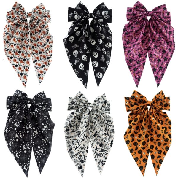 Wholesale New Halloween hair accessories featuring pumpkin skulls, ghost hands, and bows; spring clips for party decorations.