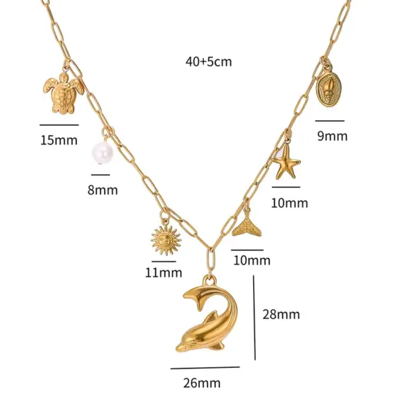 PVD Coated 18K Gold Plated Starfish Dolphin Shell 201 Stainless Steel 304 Marine Style Simple Waterproof Non Tarnish Pendant Necklace