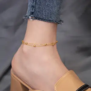 J023-Double-layered Round Beads-anklet- Gold