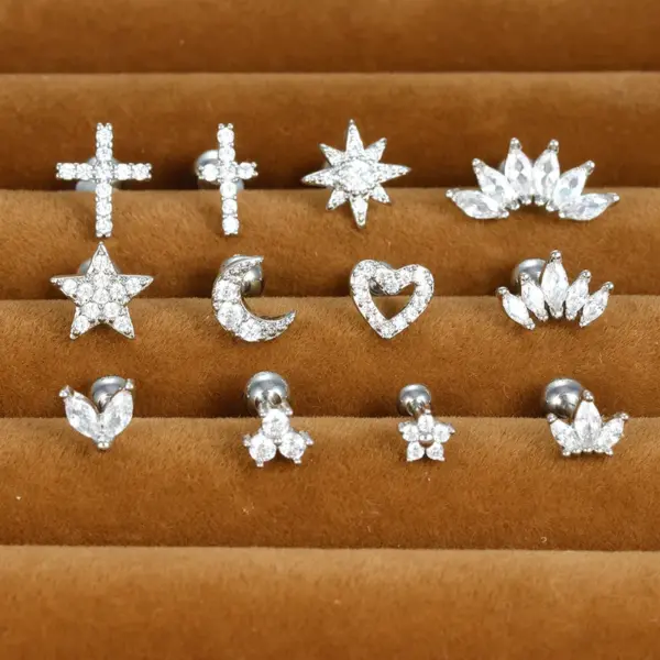 Wholesale 1 Piece Simple Style Heart Shape Crown Flower Plating Inlay Stainless Steel Zircon Ear Studs