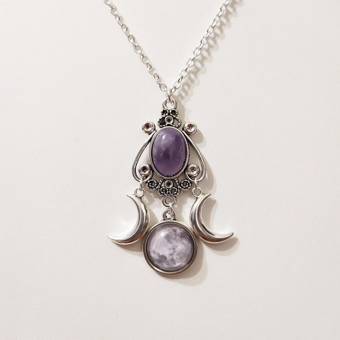 Wholesale Eucalyptus Cross-border Trade Triple Moon Goddess Necklace Amethyst Jewelry Retro Creative Personality Alloy Necklace