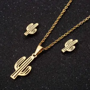 Wholesale PVD Coated 18K Gold Real Gold Plated Cactus 201 Stainless Steel Fashion Waterproof Non Tarnish Jewelry Set