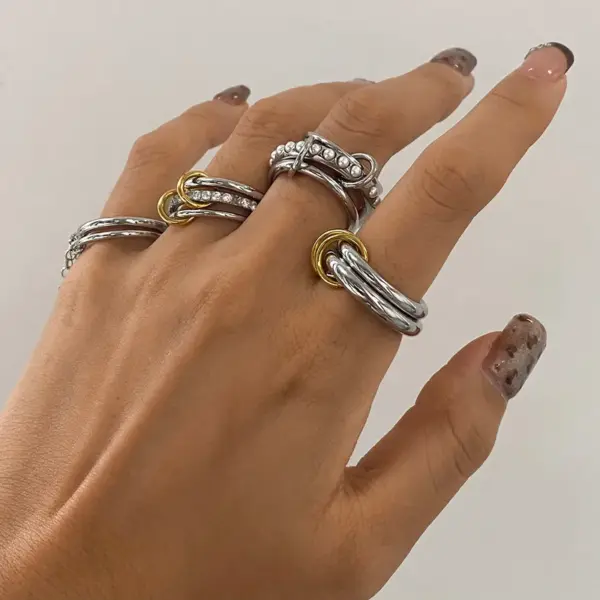 304 Stainless Steel Double Ring PVD Coated Real Gold Plated Elegant Simple Style Waterproof Non Tarnish Layered Mixed Metal Rings